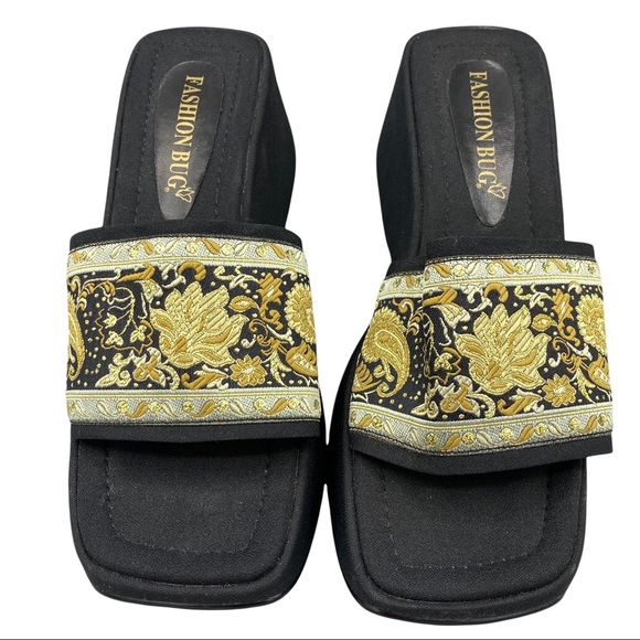 Vintage Fashion Bug Tapestry Black Square Toe Chunky Platform Slip On Sandals 9 - Picture 7 of 12